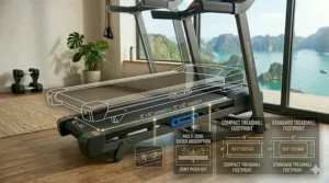 Size comparison chart between a standard gym treadmill and a compact treadmill with incline.