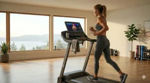 A photorealistic depiction of the compact Echelon Stride auto-fold smart treadmill in a modern home gym setting, serving as a budget-friendly alternative to the Peloton Tread.