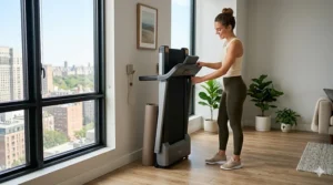 Space-saving mini treadmill for apartment storage shown folded vertically against a wall.