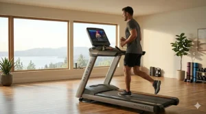 A comparison illustration between the Peloton Tread and the Matrix Fitness T70 treadmill, highlighting its premium construction and specific 'MATRIX' branding in a home gym.