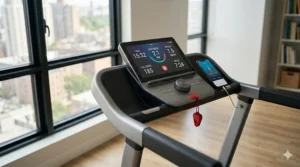Close-up illustration of the sleek LED console on a mini treadmill for apartment fitness tracking.