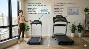 Side-by-side size comparison of a standard gym treadmill versus a mini treadmill for apartment dimensions.