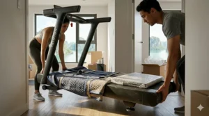 A photorealistic 4K photograph of two people in casual activewear carefully transporting a pre-owned Peloton Tread (with its screen folded and protected by bubble wrap) down a residential hallway, with the distinct Ha Long Bay scenery blurred in the background.