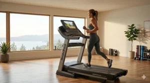A runner using a NordicTrack Commercial series treadmill with a large tilting touchscreen and iFIT integration.