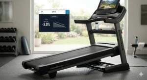 Illustration showing the NordicTrack treadmill’s -3% decline and 15% incline range for terrain-matching workouts.