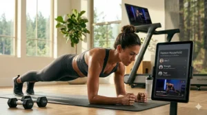 Illustration of yoga and strength training classes included in the Peloton treadmill subscription.