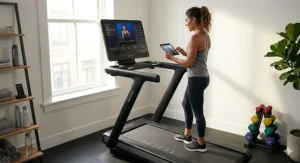 The Peloton Tread placed in a small home gym setting to demonstrate its compact footprint compared to traditional treadmills.