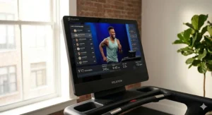 Close-up of the Peloton Tread high-definition touchscreen displaying a live leaderboard and instructor.