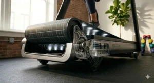 Close-up of the front-facing stereo speakers located at the base of the Peloton Tread screen.