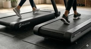 Close-up illustration showing the shock-absorbing rubber slats of the Peloton Tread Plus versus the traditional running belt of the standard Tread.