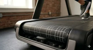 A top-down view of the 59-inch running belt on the Peloton Tread, highlighting the textured surface.