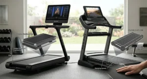 A detailed view of the Peloton Tread’s traditional belt surface and the ergonomic deck design.