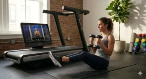 A user performing floor exercises next to the Peloton Tread, illustrating the versatility of the Peloton membership.