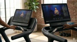 Comparison of the 23.8-inch touchscreen on the Peloton Tread and the larger 32-inch tilting screen on the Tread Plus.