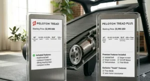 A clean chart illustrating the price difference and included features for the Peloton Tread and the premium Tread Plus.