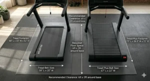 A top-down diagram showing the space requirements and floor dimensions for both the Peloton Tread and the larger Tread Plus.
