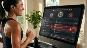 Illustration of the Peloton live leaderboard showing real-time community rankings.