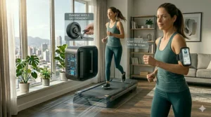 Close-up illustration of built-in transport wheels on a compact treadmill for easy mobility between rooms.