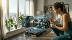 Illustration of a quiet brushless motor inside a compact treadmill, perfect for apartment living.