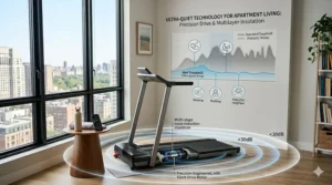 Diagram highlighting the quiet motor and shock absorption of a mini treadmill for apartment neighbors' peace.