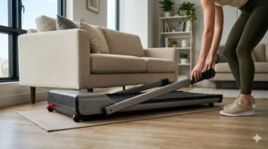 A low-profile mini treadmill for apartment use being slid underneath a grey fabric sofa.