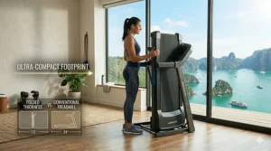 Compact treadmill with incline placed in a small living room corner to demonstrate small footprint.