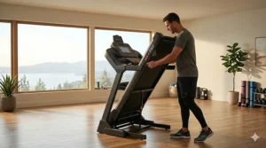 A Sole F80 folding treadmill, a durable and high-performance alternative to the Peloton Tread, in its folded position.