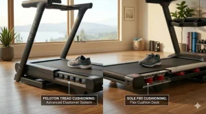 A technical comparison of treadmill cushioning technology, showing a detailed illustration of the Peloton Tread deck alongside the Flex Cushion Deck and elastomer shocks of the Sole F80 as an alternative.
