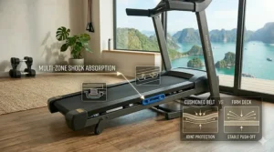 Close-up illustration of the cushioned deck on a compact treadmill with incline for joint protection.