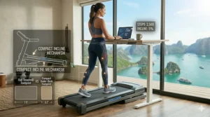 A compact treadmill with incline positioned under a standing desk for office exercise.