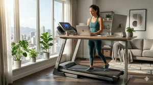 A person using a compact treadmill under a standing desk while working in a home office.