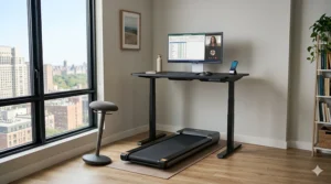 An illustration of a mini treadmill for apartment home offices fitting perfectly under a standing desk.