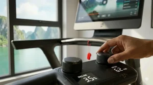 A photorealistic close-up of the textured speed and incline control knobs on a used Peloton Tread console, showing realistic signs of wear from a secondhand purchase, with a hand adjusting the dial.
