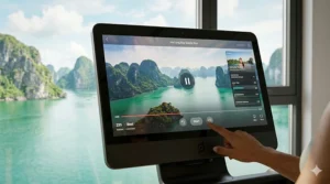A photorealistic close-up of the HD touchscreen on a used Peloton Tread, powered on and displaying a scenic run through Ha Long Bay, with a hand touching the start button to verify functionality.