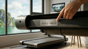 A detailed photorealistic close-up showing a silver serial number identification sticker on the base frame of a used Peloton Tread, with a hand pointing to the ID, illuminated by natural daylight from a nearby window.