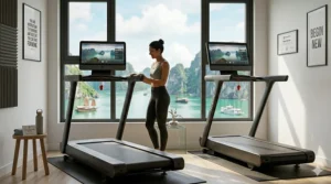 A 4K photorealistic comparison shot in a bright home gym with a Ha Long Bay view, showing the used Peloton Tread (left, with minor scuffs) next to a brand new, pristine Peloton Tread+ (right), with the smiling owner standing between them.