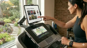 Side by side comparison graphic illustrating a basic built-in device lip versus an advanced lockable clamp mount on fitness equipment.