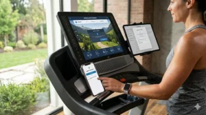 A graphic illustrating how a smartphone and tablet connect to a smart fitness treadmill via Bluetooth.