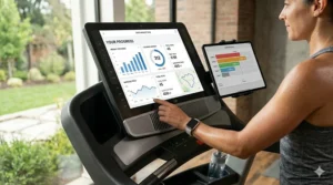 A digital dashboard showing running analytics and progress tracking from an app connected treadmill workout.