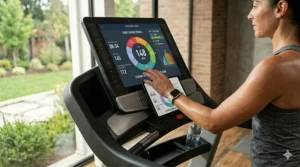 An illustration of a runner tracking cardio zones using a smart wearable synced to an app connected treadmill.