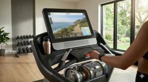 Illustration of a premium interactive touchscreen console on a commercial grade treadmill for home displaying workout metrics.