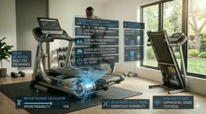 Icon infographic detailing the long-term investment value and extended warranty coverage of commercial grade home fitness equipment.