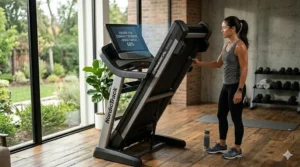 An illustration demonstrating how to fold a space saving app connected treadmill for easy storage.