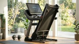A high-detail photorealistic illustration of the smart treadmill folded vertically for storage in a modern apartment, shown with dumbbells and natural light.