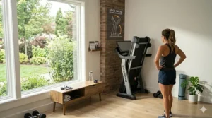 A compact folding treadmill with streaming classes positioned in a well-lit modern living room setup.