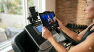 Compact black folding treadmill with tablet holder attached to the console on a clean background.