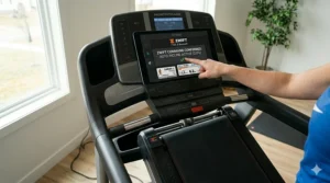 Complete home gym training station featuring a folding Zwift compatible treadmill and media device mount.