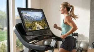 A scenic iFit global workout on a NordicTrack treadmill screen featuring a beautiful mountain running trail.