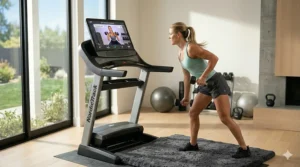 A user performing off-treadmill cross-training exercises guided by an iFit instructor on the pivoting NordicTrack screen.