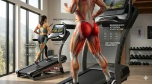 Anatomy diagram highlighting glute and hamstring activation when using a NordicTrack Incline Trainer.